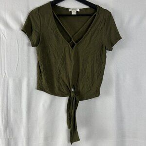 Gaze Womens Size M V Neck Crop Top Tie Stretch Top Olive Green Short Sleeve